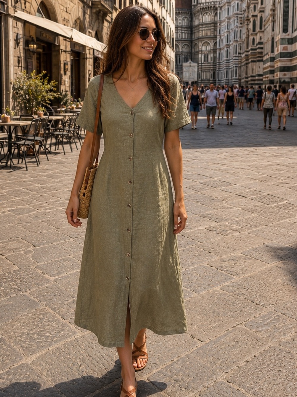 Worlds Apart 100% Linen Olive Green Button Front Dress | Size Small